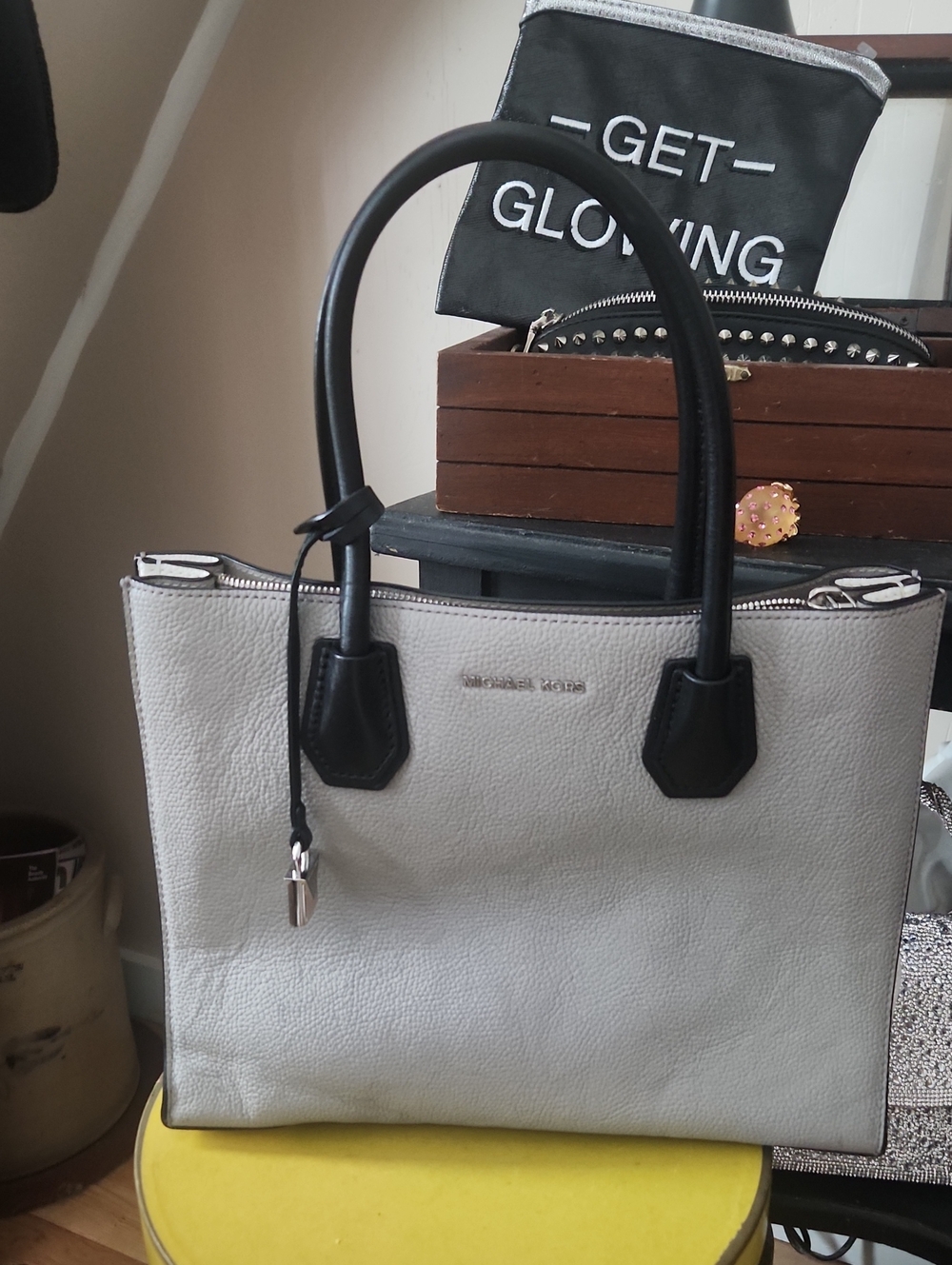 Michael Kors Two-Tone Pebbled Leather Satchel in Light Gray and Black